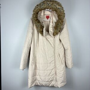 GUESS Hooded Puffer Coat Faux Fur Hood Women’s L Tan Jacket Insulated Y2K Winter